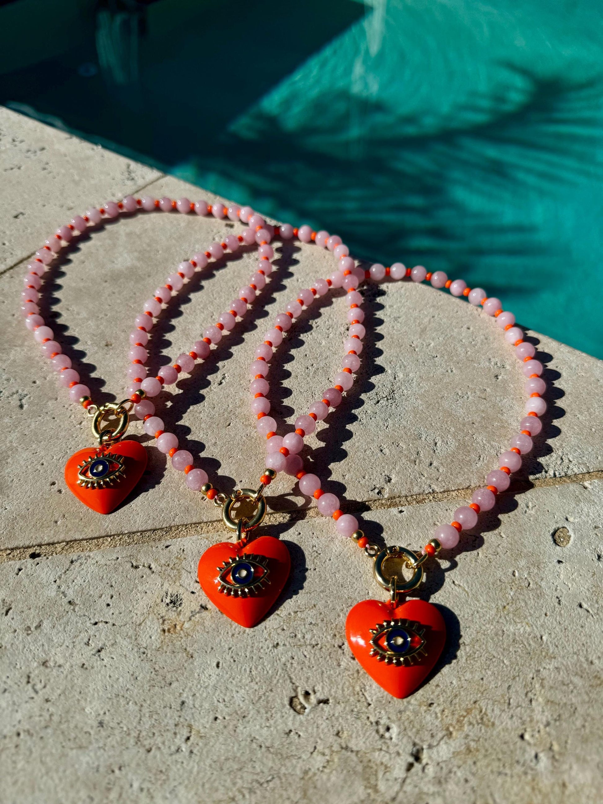 Kunzite Beaded Necklace with Orange Evil Eye Heart Charm | Colorful Beaded Summer Necklace | Convertible Necklace | Custom Charm Necklace