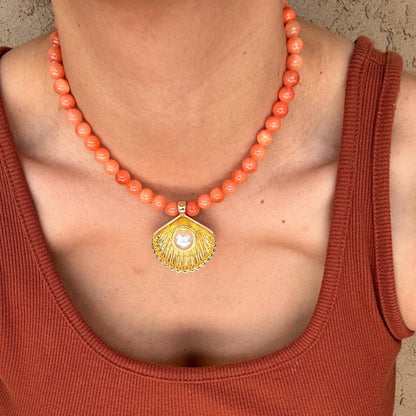 Opalite Mermaid Necklace | Orange Coral Jade Beaded Necklace | Large Gold Shell Charm | Gift for Mom | Fashion Jewelry | Gift for Her