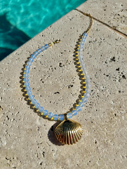 Beaded mermaid necklace with gold shell pendant in opalite and jade by AVINZIA