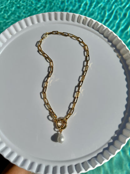 Pearl drop lariat necklace on gold paperclip chain, layered set by AVINZIA — handmade coastal jewelry