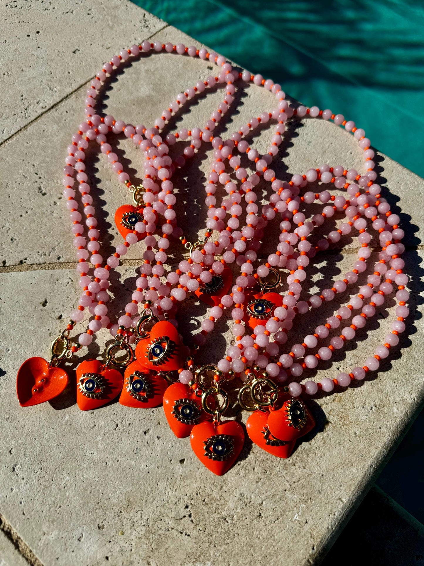 Kunzite Beaded Necklace with Orange Evil Eye Heart Charm | Colorful Beaded Summer Necklace | Convertible Necklace | Custom Charm Necklace