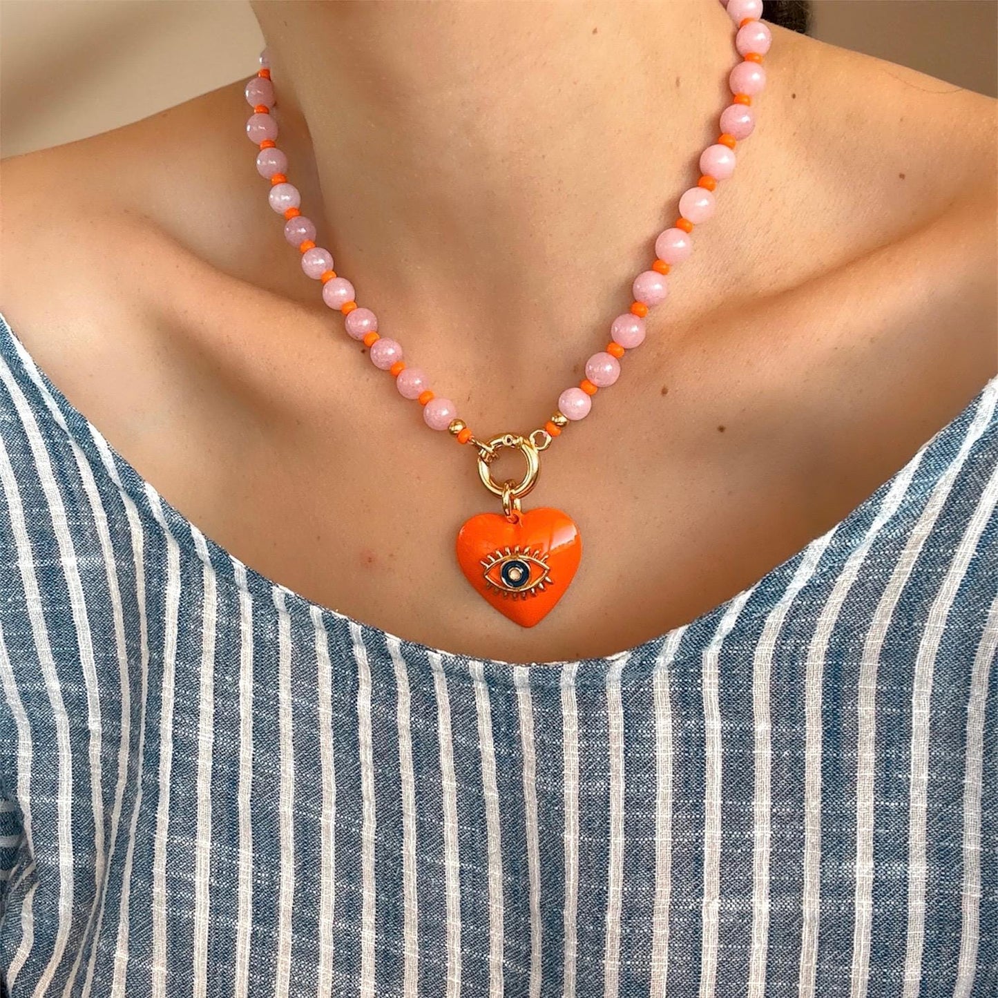 Kunzite Beaded Necklace with Orange Evil Eye Heart Charm | Colorful Beaded Summer Necklace | Convertible Necklace | Custom Charm Necklace