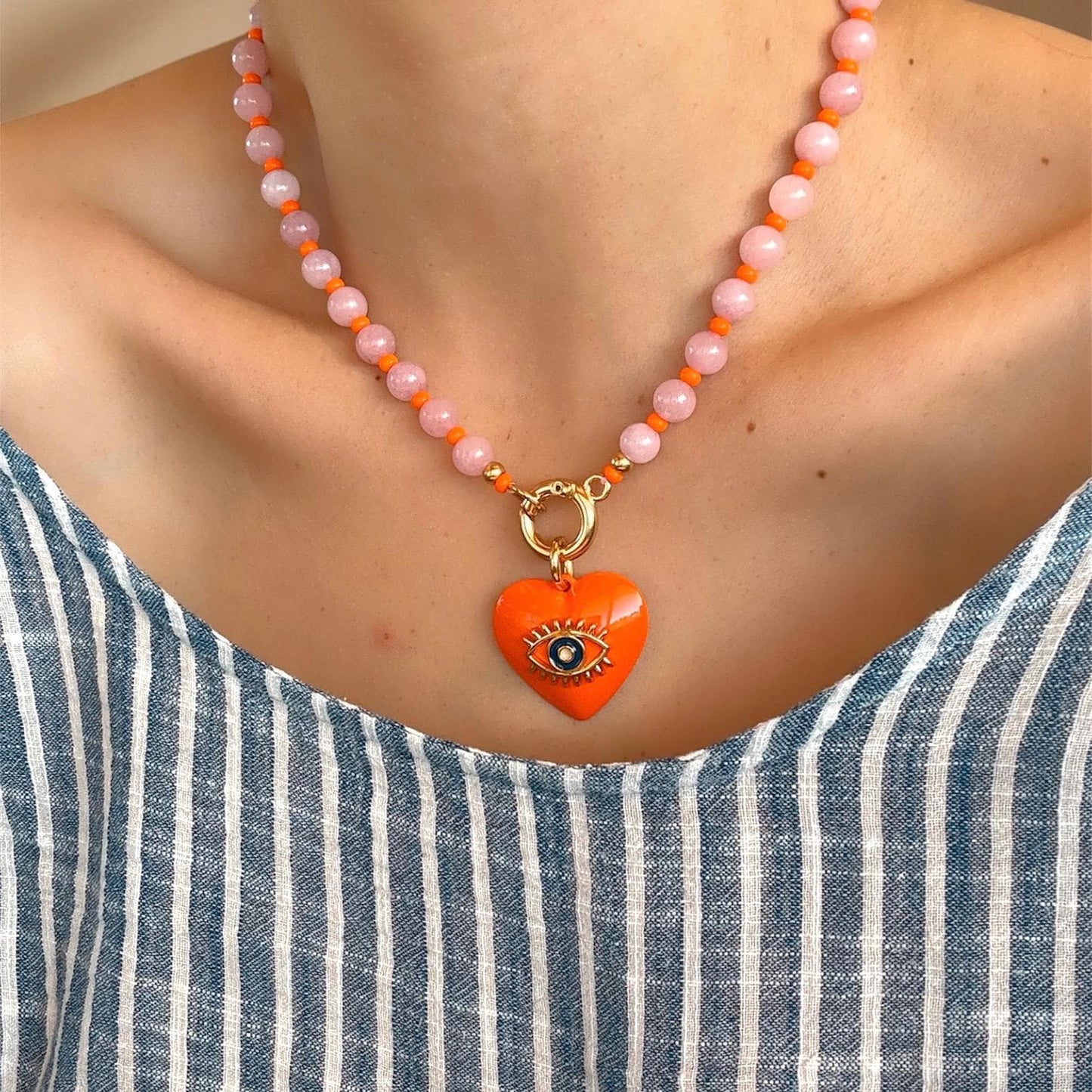 Kunzite Beaded Necklace with Orange Evil Eye Heart Charm | Colorful Beaded Summer Necklace | Convertible Necklace | Custom Charm Necklace