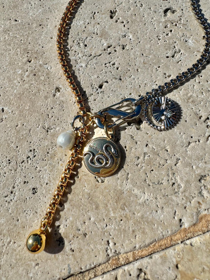 Lion Y Lariat Necklace | Snake Carabiner Charm Necklace | Mixed Metals Lariat Necklace | Charms necklace | Gift for Mom | Fashion Jewelry