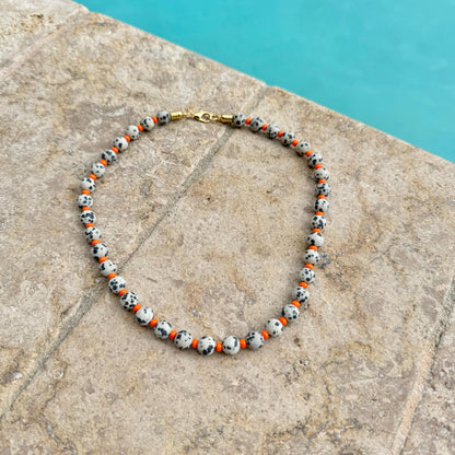 Dalmatian Beaded Necklace | Beaded Boho Necklace | Synthetic Hematite Necklace