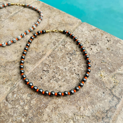 Dalmatian Beaded Necklace | Beaded Boho Necklace | Synthetic Hematite Necklace