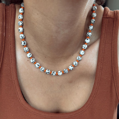 Dalmatian Beaded Necklace | Beaded Boho Necklace | Synthetic Hematite Necklace