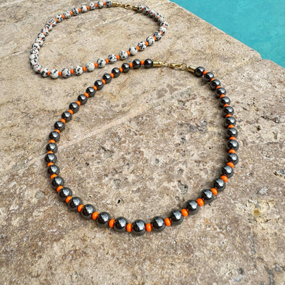 Dalmatian Beaded Necklace | Beaded Boho Necklace | Synthetic Hematite Necklace