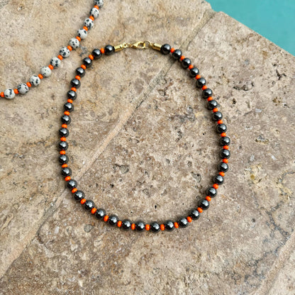 Dalmatian Beaded Necklace | Beaded Boho Necklace | Synthetic Hematite Necklace