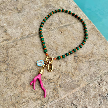 Green beaded boho necklace with malachite-style gemstone beads — AVINZIA handmade jewelry