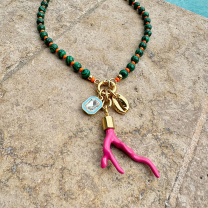 Green beaded boho necklace with malachite-style gemstone beads by AVINZIA