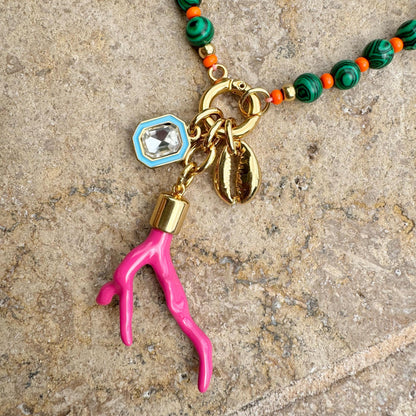 Green beaded boho necklace with malachite-style gemstone beads by AVINZIA