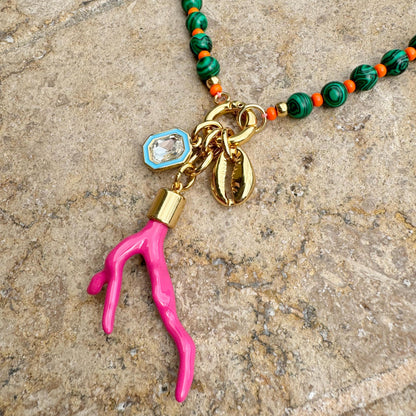 Green beaded boho necklace with malachite-style gemstone beads — handmade in Florida by AVINZIA