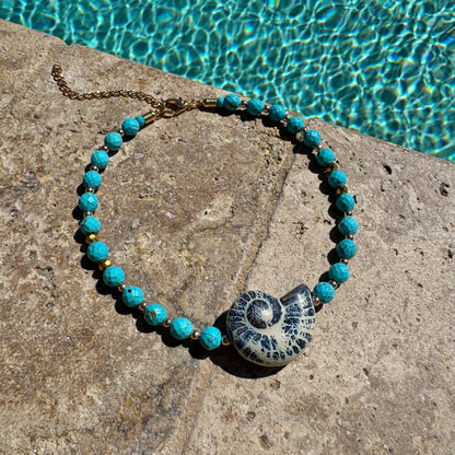 Nautilus shell spiral choker necklace with turquoise beads — handmade in Florida by AVINZIA