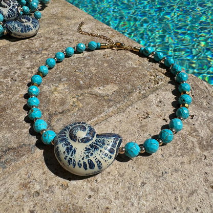 Nautilus shell spiral choker necklace with turquoise beads — AVINZIA handmade jewelry