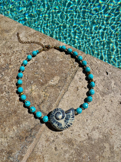 Nautilus shell spiral choker necklace with turquoise beads — handmade in Florida by AVINZIA