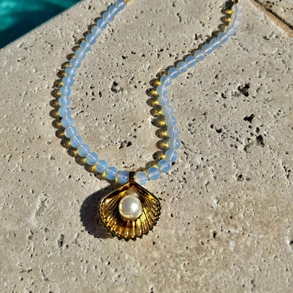 Beaded mermaid necklace with gold shell pendant in opalite and jade by AVINZIA