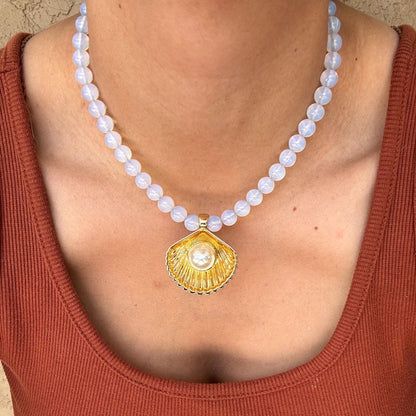 Beaded mermaid necklace with gold shell pendant in opalite and jade by AVINZIA — handmade coastal jewelry