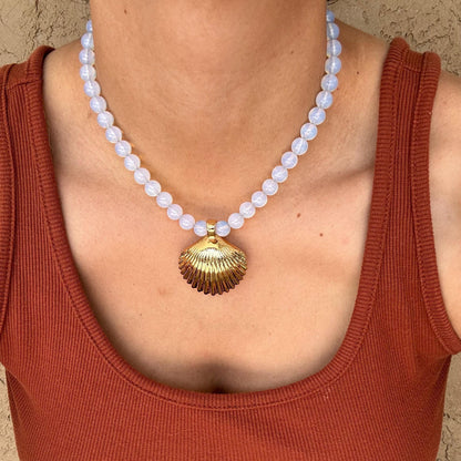 Beaded mermaid necklace with gold shell pendant in opalite and jade — handmade in Florida by AVINZIA