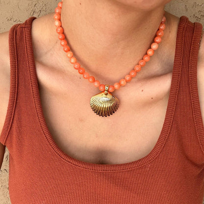 Opalite Mermaid Necklace | Orange Coral Jade Beaded Necklace | Large Gold Shell Charm | Gift for Mom | Fashion Jewelry | Gift for Her
