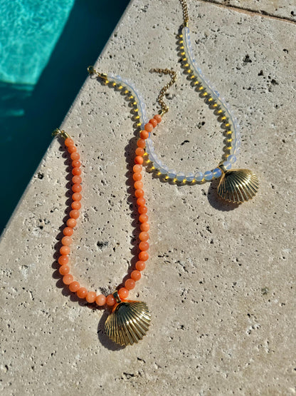 Opalite Mermaid Necklace | Orange Coral Jade Beaded Necklace | Large Gold Shell Charm | Gift for Mom | Fashion Jewelry | Gift for Her