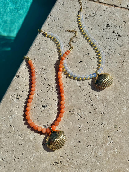 Opalite Mermaid Necklace | Orange Coral Jade Beaded Necklace | Large Gold Shell Charm | Gift for Mom | Fashion Jewelry | Gift for Her