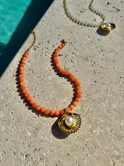 Beaded mermaid necklace with gold shell pendant in opalite and jade by AVINZIA — handmade coastal jewelry