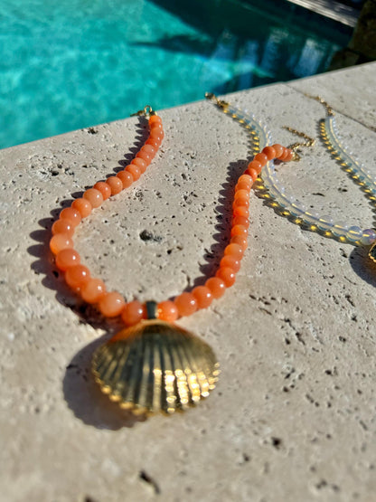 Beaded mermaid necklace with gold shell pendant in opalite and jade — handmade in Florida by AVINZIA