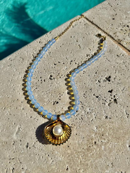 Opalite Mermaid Necklace | Orange Coral Jade Beaded Necklace | Large Gold Shell Charm | Gift for Mom | Fashion Jewelry | Gift for Her