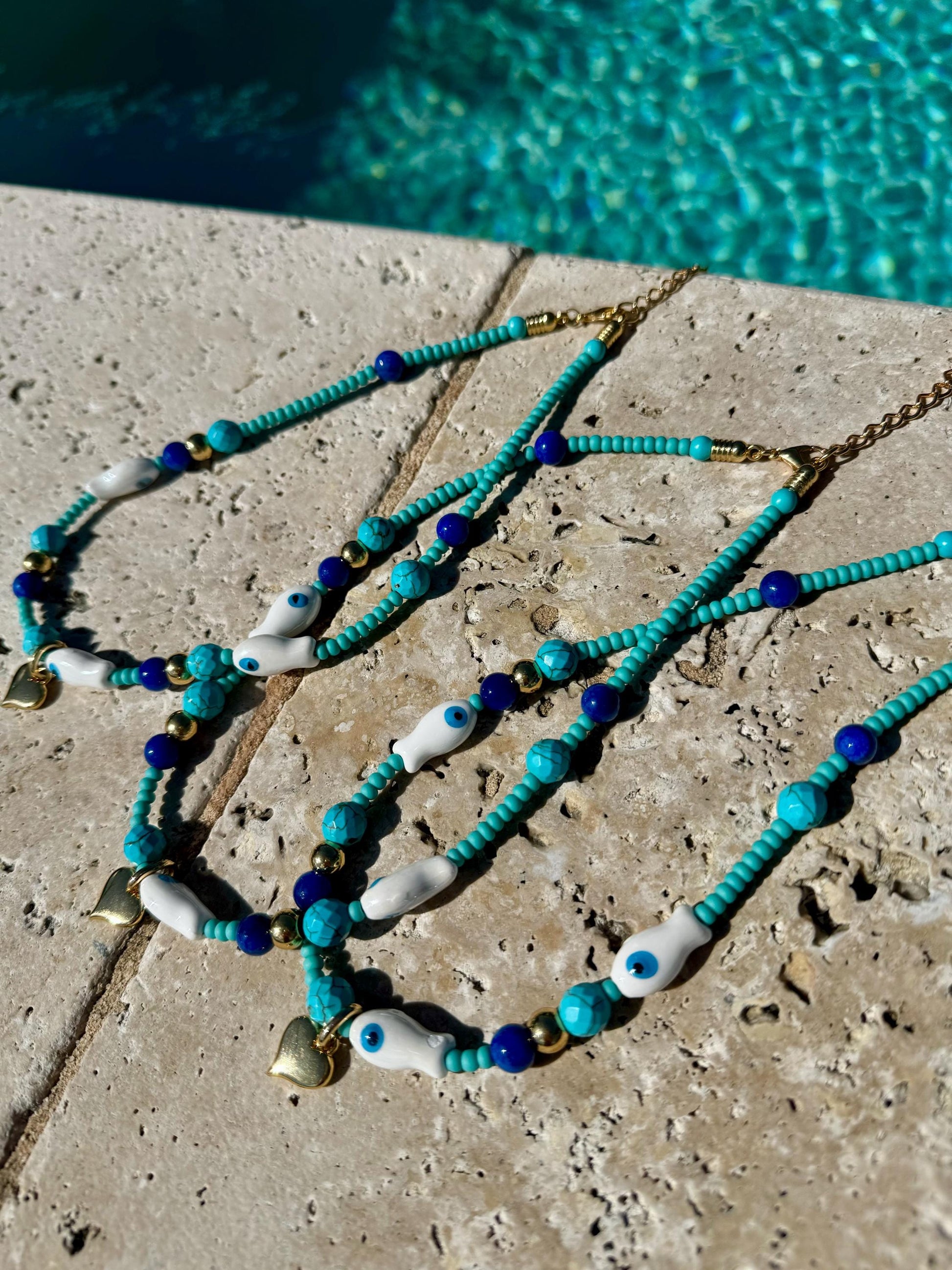 Santorini Necklace | Boho Beaded Fish Necklace | Heart and Fish Nekclace | Summer Jewelry for Her | Turquoise Beads Necklace