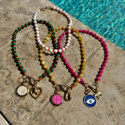 18” Beaded Carabiner Charms Necklace | Gemstone Carabiner Clasp Necklace | Colorful Beaded Summer Necklace | Gift for Her Personalized