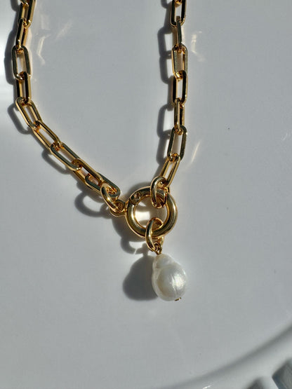 Pearl drop lariat necklace on gold paperclip chain, layered set — AVINZIA handmade jewelry