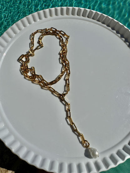 Pearl drop lariat necklace on gold paperclip chain, layered set by AVINZIA