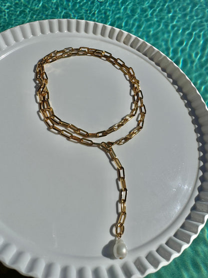 Pearl drop lariat necklace on gold paperclip chain, layered set — handmade in Florida by AVINZIA
