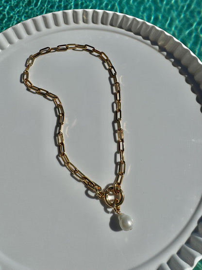Pearl drop lariat necklace on gold paperclip chain, layered set — AVINZIA handmade jewelry
