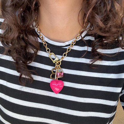 Puffed Pink Heart Bag Charm | Lock Charm Necklace | Convertible Jewelry | 3 in 1 Necklace | Puffed Orange Heart Necklace Jewelry Lover Gift