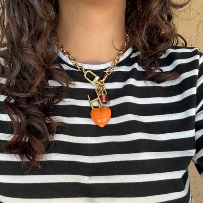 Puffed Pink Heart Bag Charm | Lock Charm Necklace | Convertible Jewelry | 3 in 1 Necklace | Puffed Orange Heart Necklace Jewelry Lover Gift