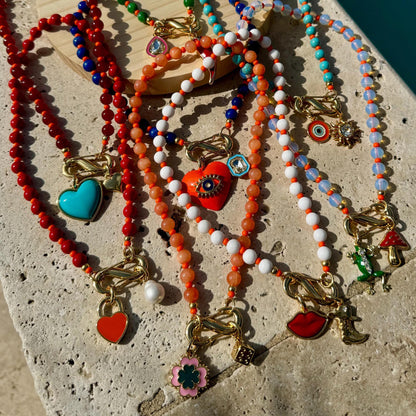 18” Beaded Carabiner Charms Necklace | Gemstone Carabiner Clasp Necklace | Colorful Beaded Summer Necklace | Gift for Her Personalized