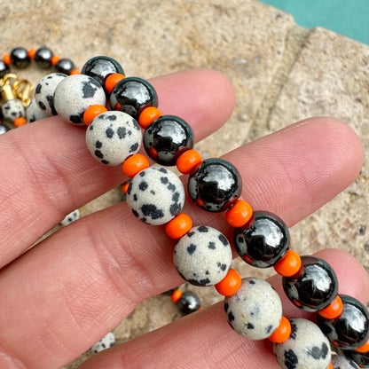 Dalmatian Beaded Necklace | Beaded Boho Necklace | Synthetic Hematite Necklace