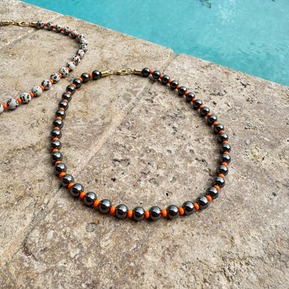 Dalmatian Beaded Necklace | Beaded Boho Necklace | Synthetic Hematite Necklace