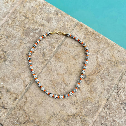 Spotted dalmatian gemstone beaded necklace, boho style — gift-ready handmade jewelry by AVINZIA