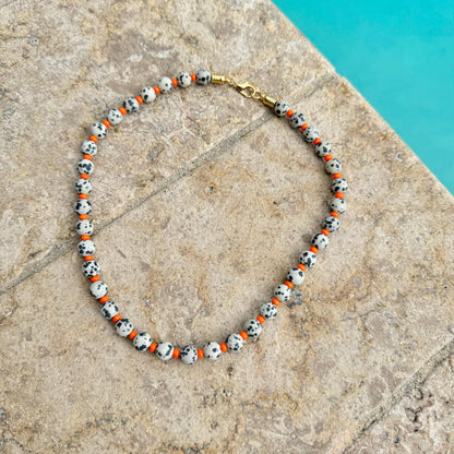 Dalmatian Beaded Necklace | Beaded Boho Necklace | Synthetic Hematite Necklace