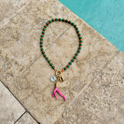 Green beaded boho necklace with malachite-style gemstone beads by AVINZIA — handmade coastal jewelry