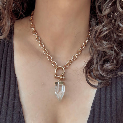 Crystal quartz point pendant necklace on chunky rolo shackle chain — handmade in Florida by AVINZIA