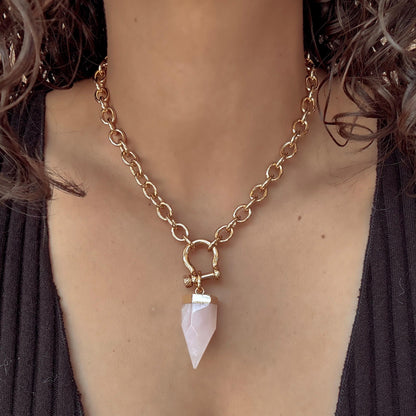 Crystal quartz point pendant necklace on chunky rolo shackle chain — AVINZIA handmade jewelry