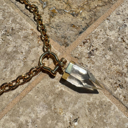 Crystal quartz point pendant necklace on chunky rolo shackle chain by AVINZIA — handmade coastal jewelry