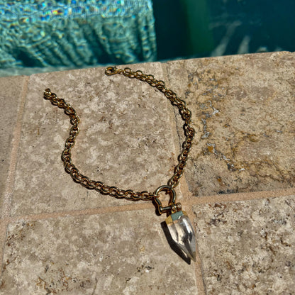 Crystal quartz point pendant necklace on chunky rolo shackle chain — gift-ready handmade jewelry by AVINZIA