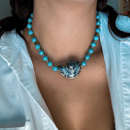 Nautilus shell spiral choker necklace with turquoise beads — AVINZIA handmade jewelry