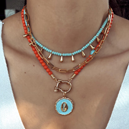 Horseshoe Beaded Necklace | Turquoise Cowrie Shell Charm Chain | Bohemian Summer Layered Necklace | Layering Necklace | Beach Necklace