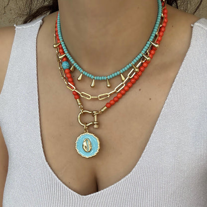 Horseshoe Beaded Necklace | Turquoise Cowrie Shell Charm Chain | Bohemian Summer Layered Necklace | Layering Necklace | Beach Necklace